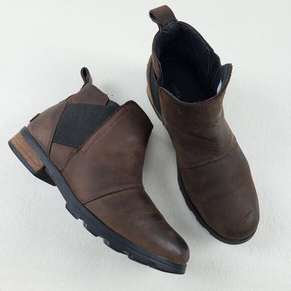 Sorel Emelie Chelsea Ankle Boot Womens 8 Brown Leather Pull On Waterproof Winter - Picture 1 of 11
